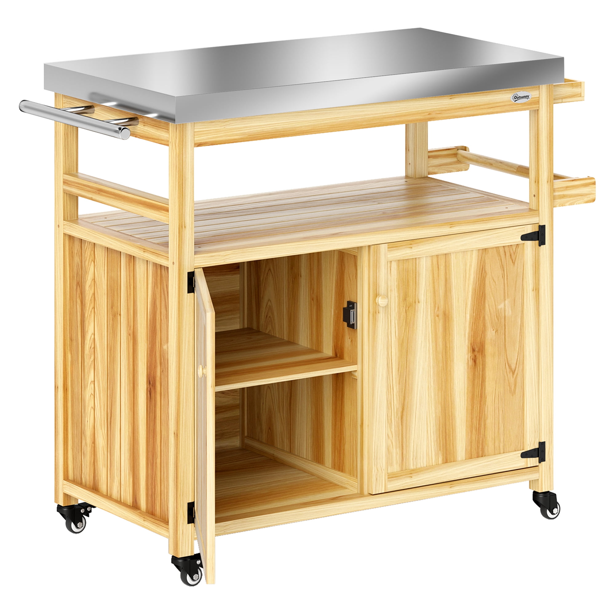 Outdoor Grill Cart Stainless Steel Top, Solid Wood Kitchen Island w/ Wheels