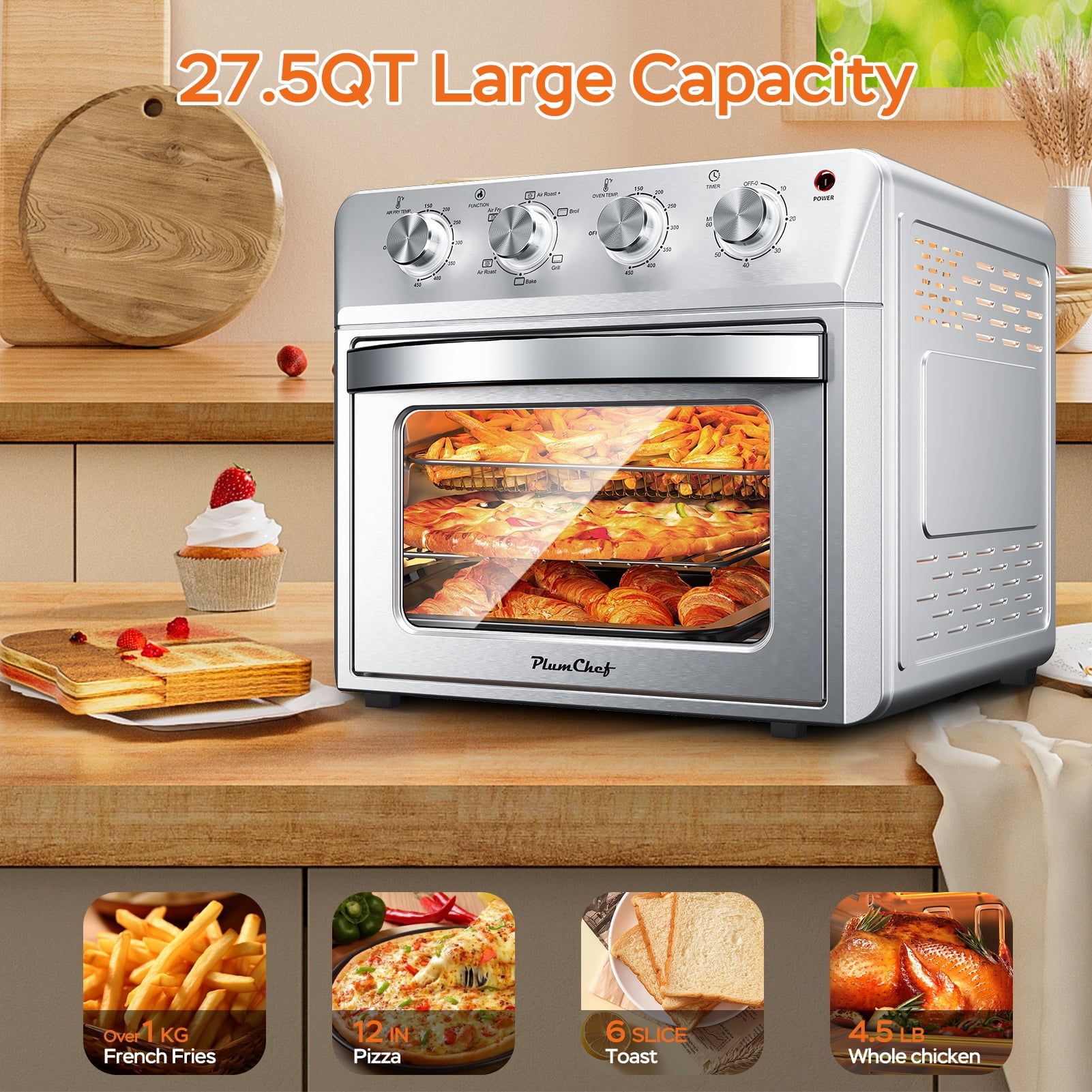 Plum Chef 27.5QT Silver Air Fryer Oven 6 in 1 Countertop Convection Oven Large Capacity with Air Fry Bake Broil 4 Knob Control Family Size Stainless Steel Design
