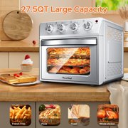 Plum Chef 27.5QT Silver Air Fryer Oven 6 in 1 Countertop Convection Oven Large Capacity with Air Fry Bake Broil 4 Knob Control Family Size Stainless Steel Design