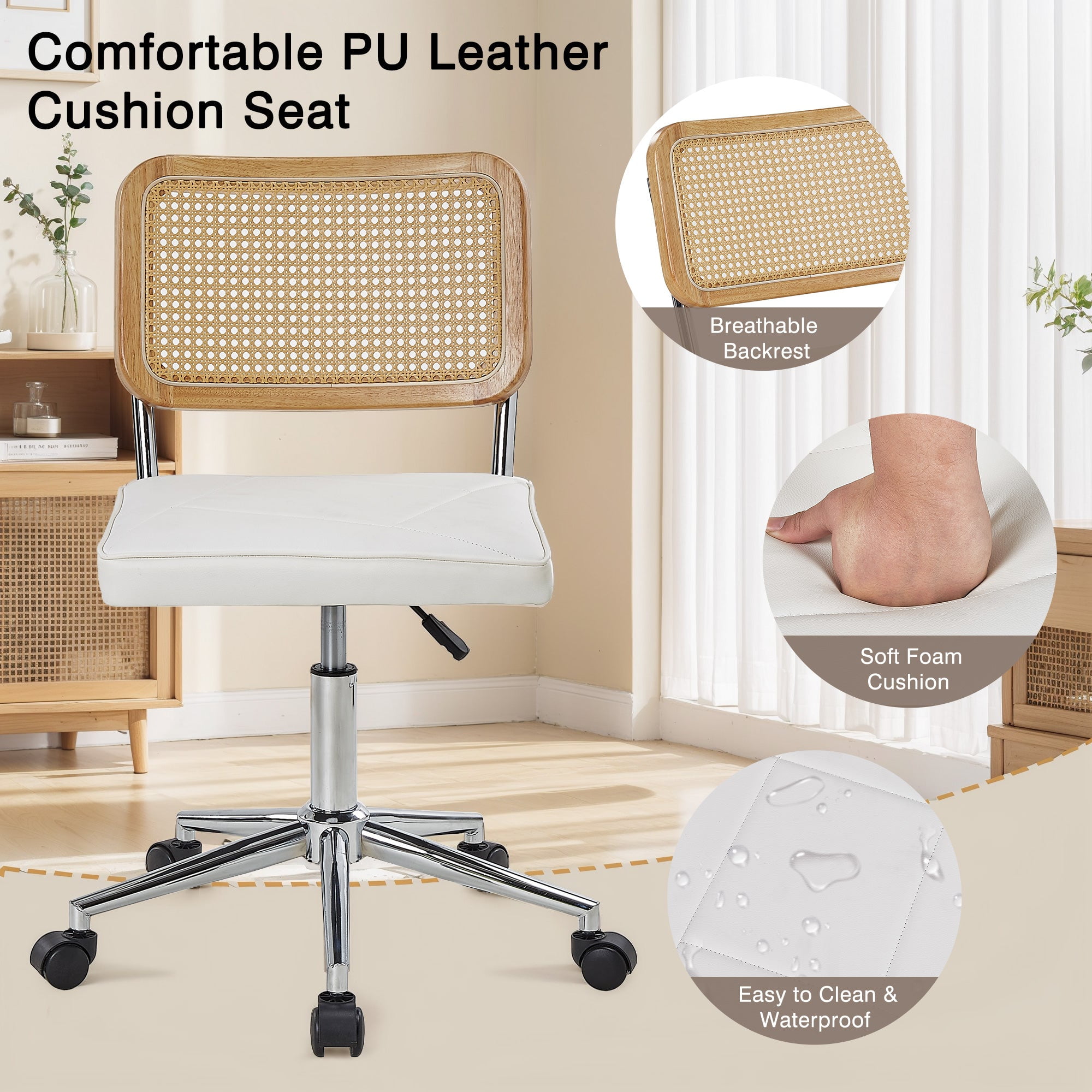 VECELO Mid Century Home Office Chair with Wheels, Modern PU Leather Desk Chair with Rattan Backrest, Adjustable Height Task Chair Swivel Computer Chair, White