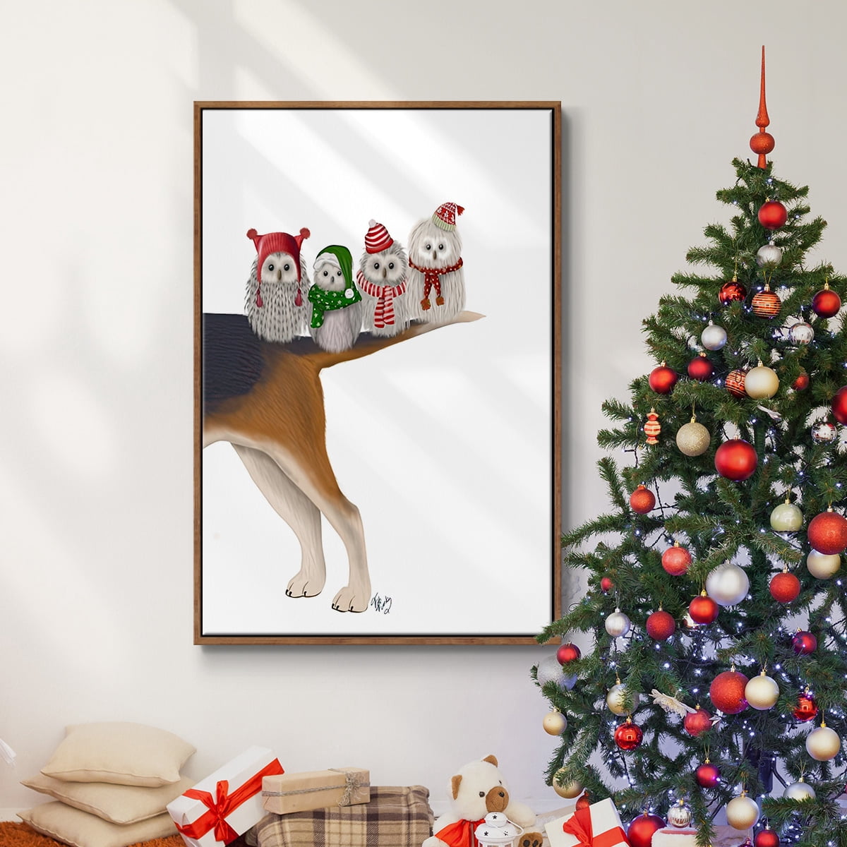 Christmas Bummer Owls - Framed Gallery Wrapped Holiday Canvas - 17 x 25 - Rosewood Frame
