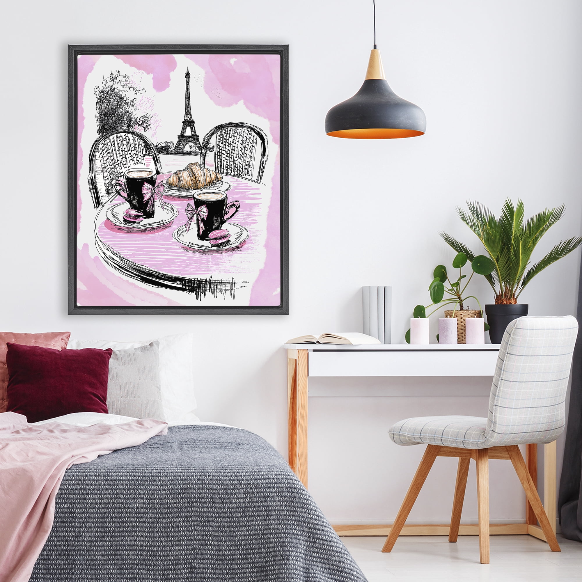 Stupell Industries Pink Parisian Cafe Breakfast Black Framed Floater Canvas Wall Art, design by Jess Stempel
