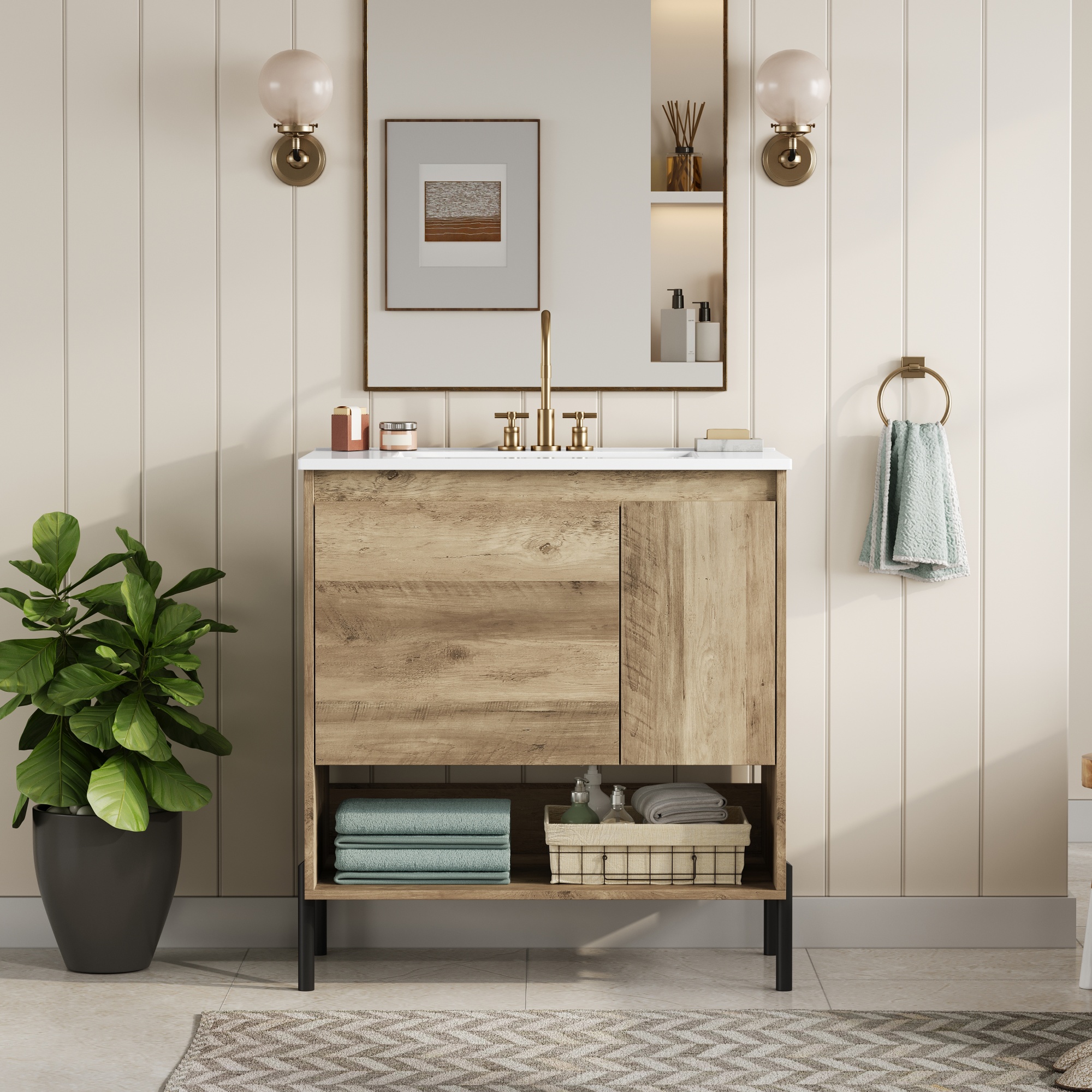 Euroco 36-Inch Modern Wood-Grain Bathroom Vanity with Soft-Close Doors, Divided Drawers,and Ceramic Sink
