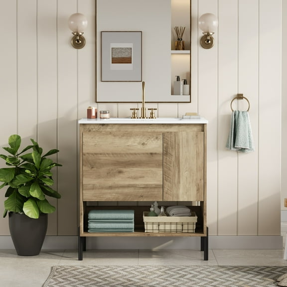 30"Bathroom Vanity, Single Sink Vanity Cabinet with Sliding Drawer & Open Shelf, Ceramic Basin, Soft-Closing Doors, Natural