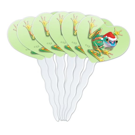 Santa Hat Rainforest Christmas Tree Frog Heart Love Cupcake Picks Toppers Decoration Set of 6