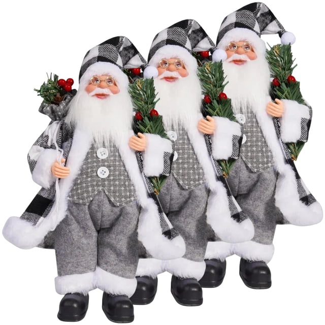 Muñeco de Santa para Navidad MisterClaus07 3Pzas 14x29cm Elegante Gris/Blanco/Negro Plástico/Tela.