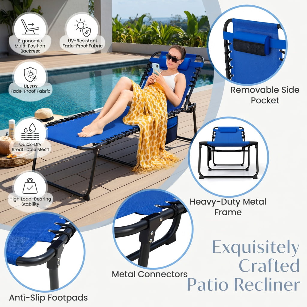 Hommoo 4-Position Adjustable Folding Chaise Lounge Chair, with Reinforced Steel Frame, Portable Sun Lounger for Poolside, Backyard & Camping, Navy Blue