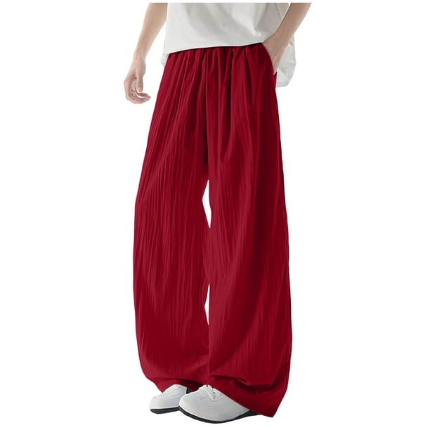 Ceisia Men's All-Season Solid Color Wide Gift Leg Pants Ice Silk Drape Fabric Elastic Waist Drawstring Pockets for Outdoor Casua l Daily