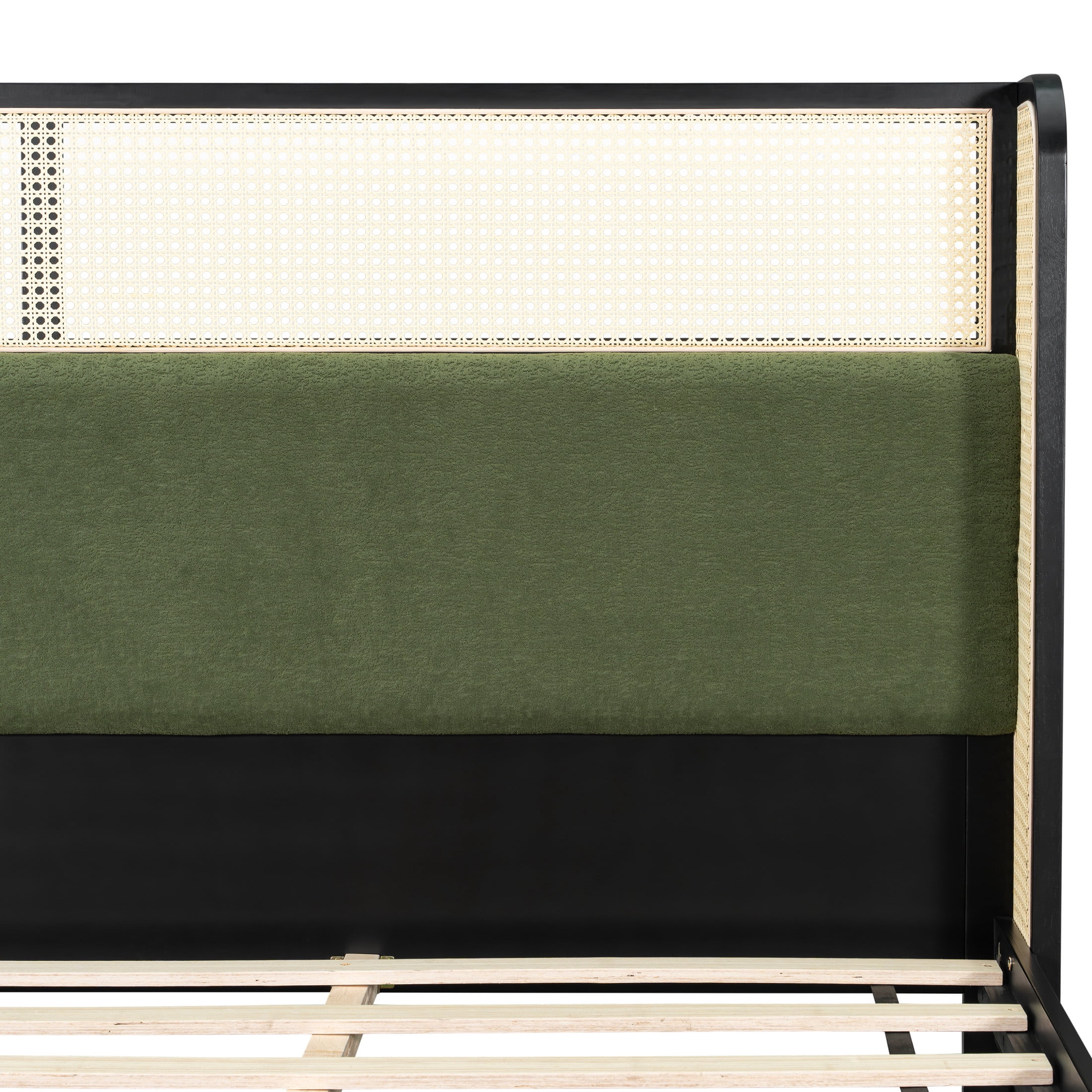 Christopher Knight Home Boho King Bed Frame and Nightstand Set, Green Upholstered Headboard, Black