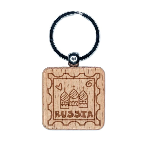 Russia Passport Travel Square Keychain Charm Tag - Engraved Wood