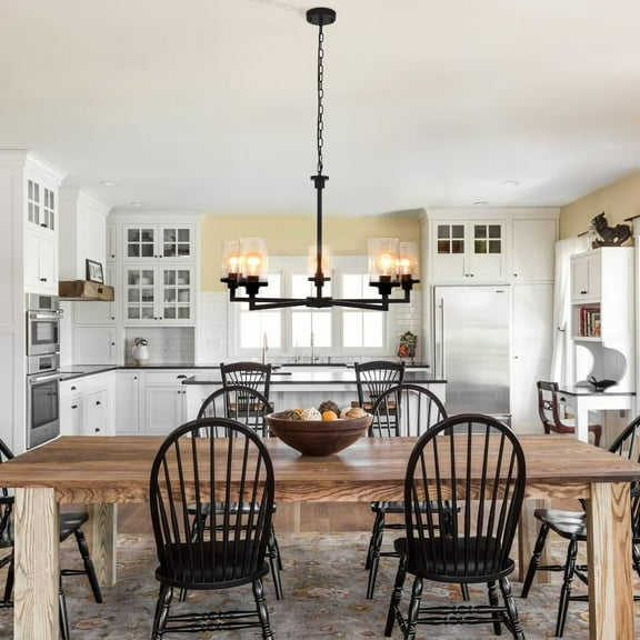 FINE MAKER Industrial Black Suspended Ceiling Light Fixture, 5 Light Living Room Clear Glass Shade Chandelier