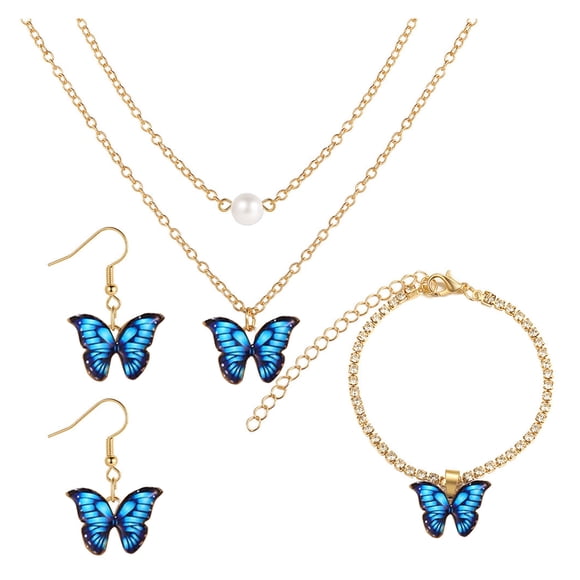 LYMAYTER Butterflies Earrings 1 Set Dual - Layers Butterflies Jewelry Kit - Necklace, Earrings and Bracelet
