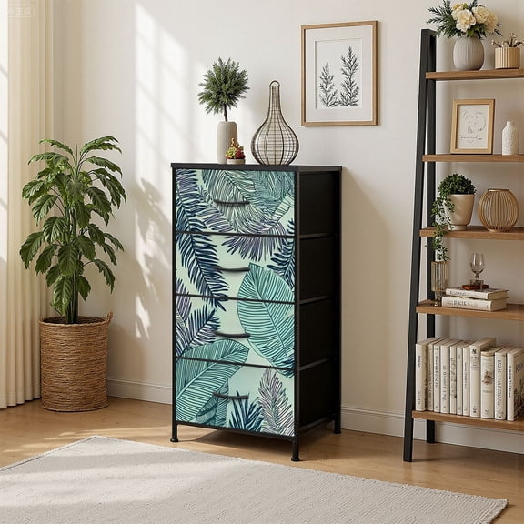 4 Drawer Vertical Storage Dresser Linear tropical jungle plants Palm leaves Floral exotic hawaiian with Wood Top Fabric Pull Drawers