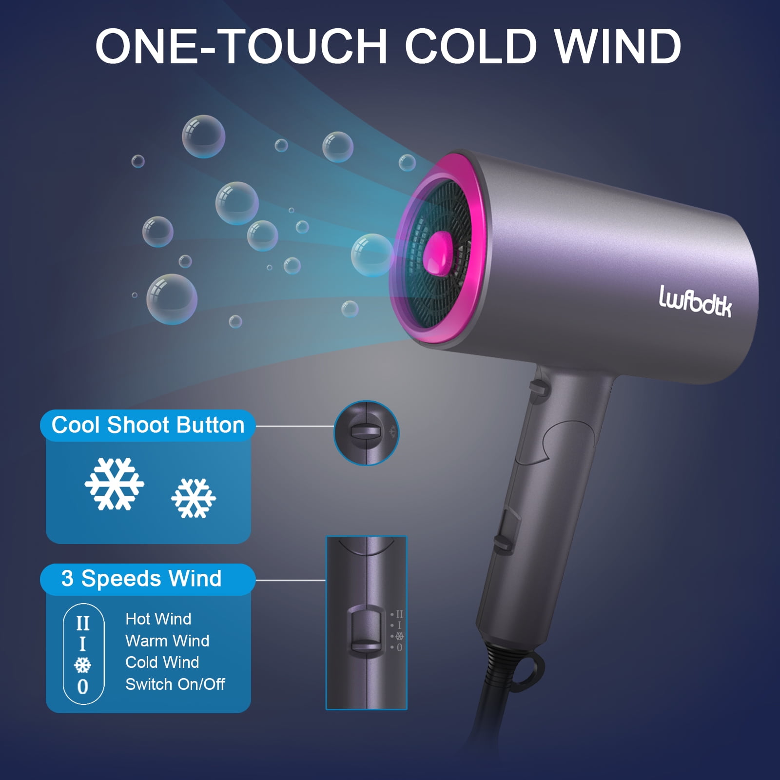LWFBDTK Hair Dryer 1800W Professional Ionic Dryer, 3 Heat Settings, Powerful Hot/Cool Wind Blow Dryer, Grey