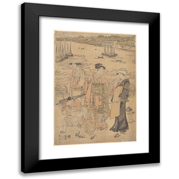 Toyokuni Utagawa 11x14 Black Modern Framed Museum Art Print Titled - Three Women and Two Children by the Water (Ships in Background) (Late 18th Century - Early 19th Century)
