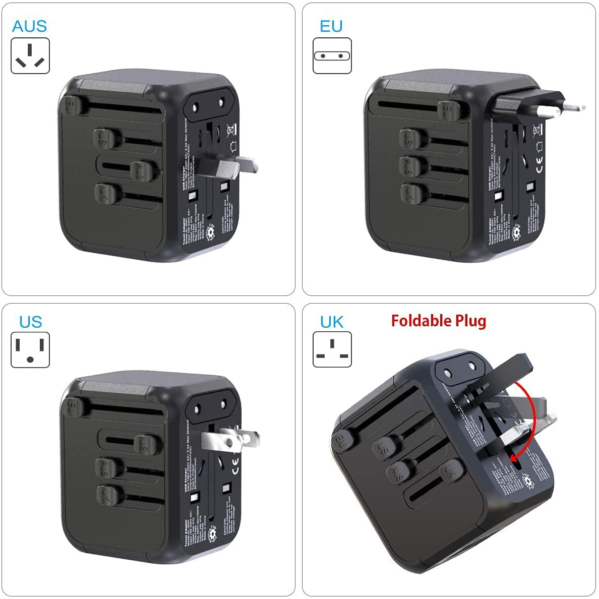UK Cover 200 Countries Fast Wall Charging Travel Accessories for EU Travel Power Adapter International Travel Adapter with Auto Resetting Fuse 3 USB and 1 Type-C Universal Travel Adapter US