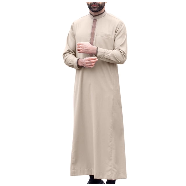 Robe à Col Montant Brodée Manches Longues Thobe Traditionnel Élégant en Lin Confortable