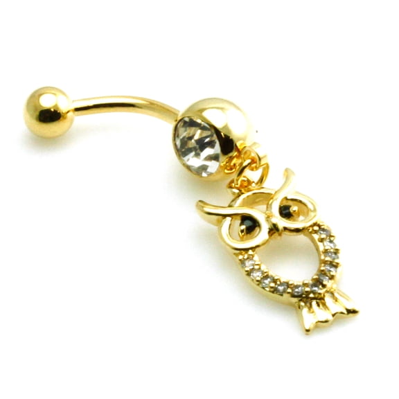 14g (1.6mm) Gold Plated Stainless Steel Owl Cut Out Dangle Belly Ring Navel Piercing Body Jewelry