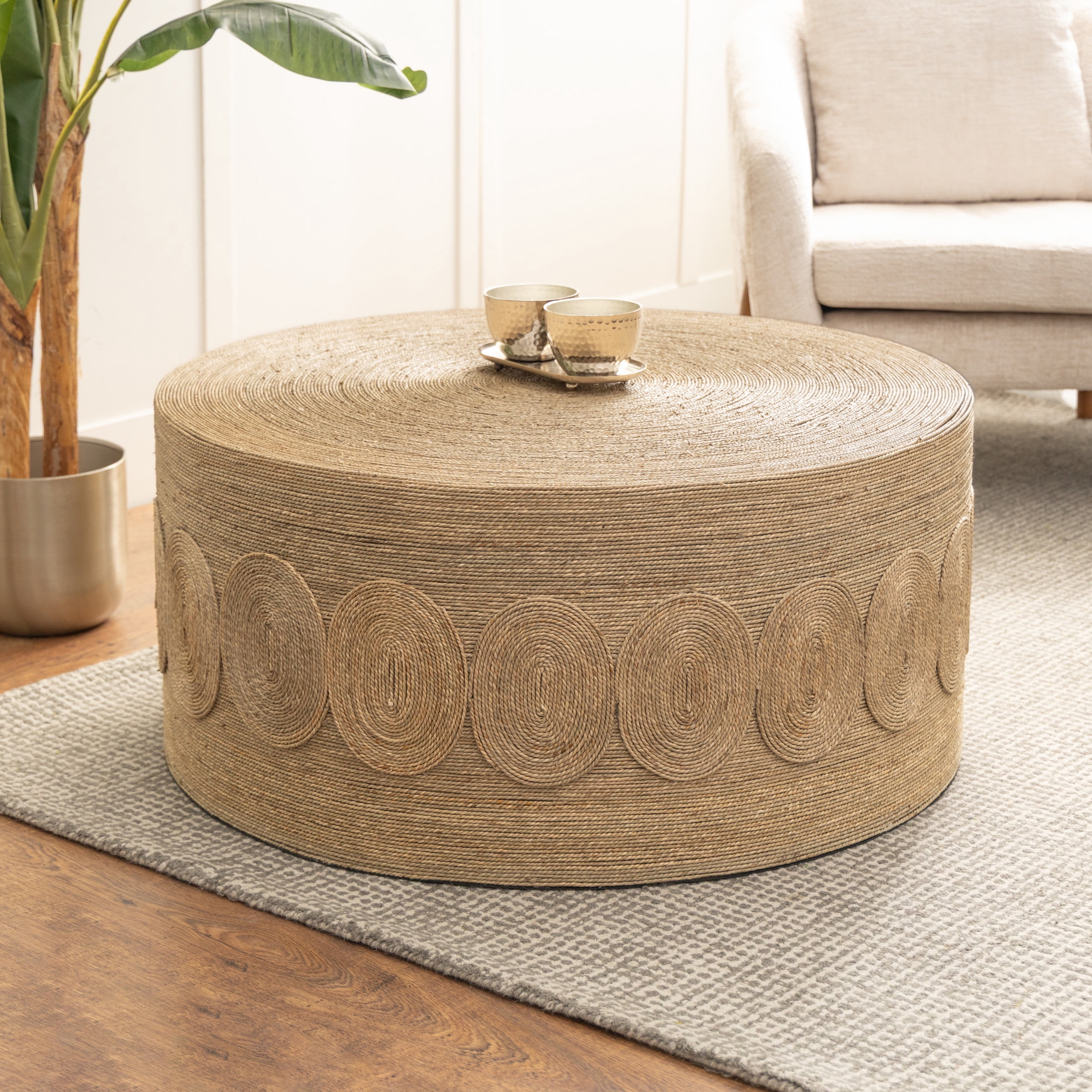 DecMode 36" x 17" Brown Seagrass Handmade Woven Coffee Table with Round Weave, 1-Piece