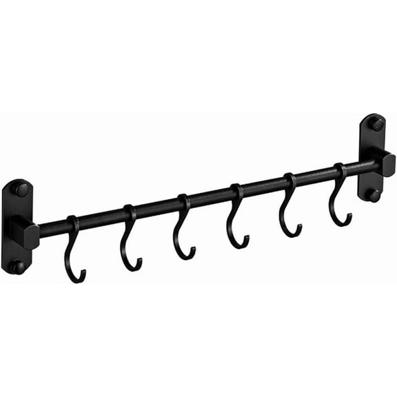Kitchen Rail with 6 Sliding Hooks, Wall Mount Kitchen Utensil Rack, Pan and Pot Hangers Organization and Storage Holder Set, Black