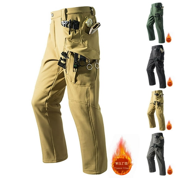 FRSASU Winter Cargo Pants for Men Fleece Lined Waterproof Cotton Pants Insulated Hiking Pant for Ski Snowboard Outdoor Work Hunting Khaki