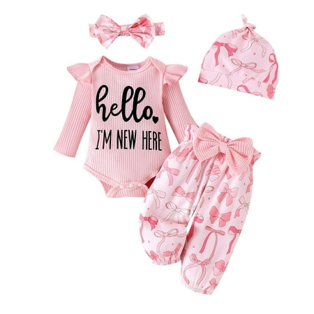 Weryoung Newborn Girl Clothes Outfits Kids Lovely Rib Knit Bodysuit Romper Floral Pants Headband Hat Sets  Light Pink 3-6 Months