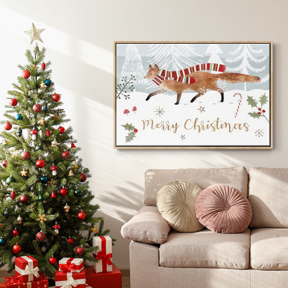 Woodland Christmas Collection A - Framed Gallery Wrapped Holiday Canvas - 25 x 37 - Natural Wood Frame