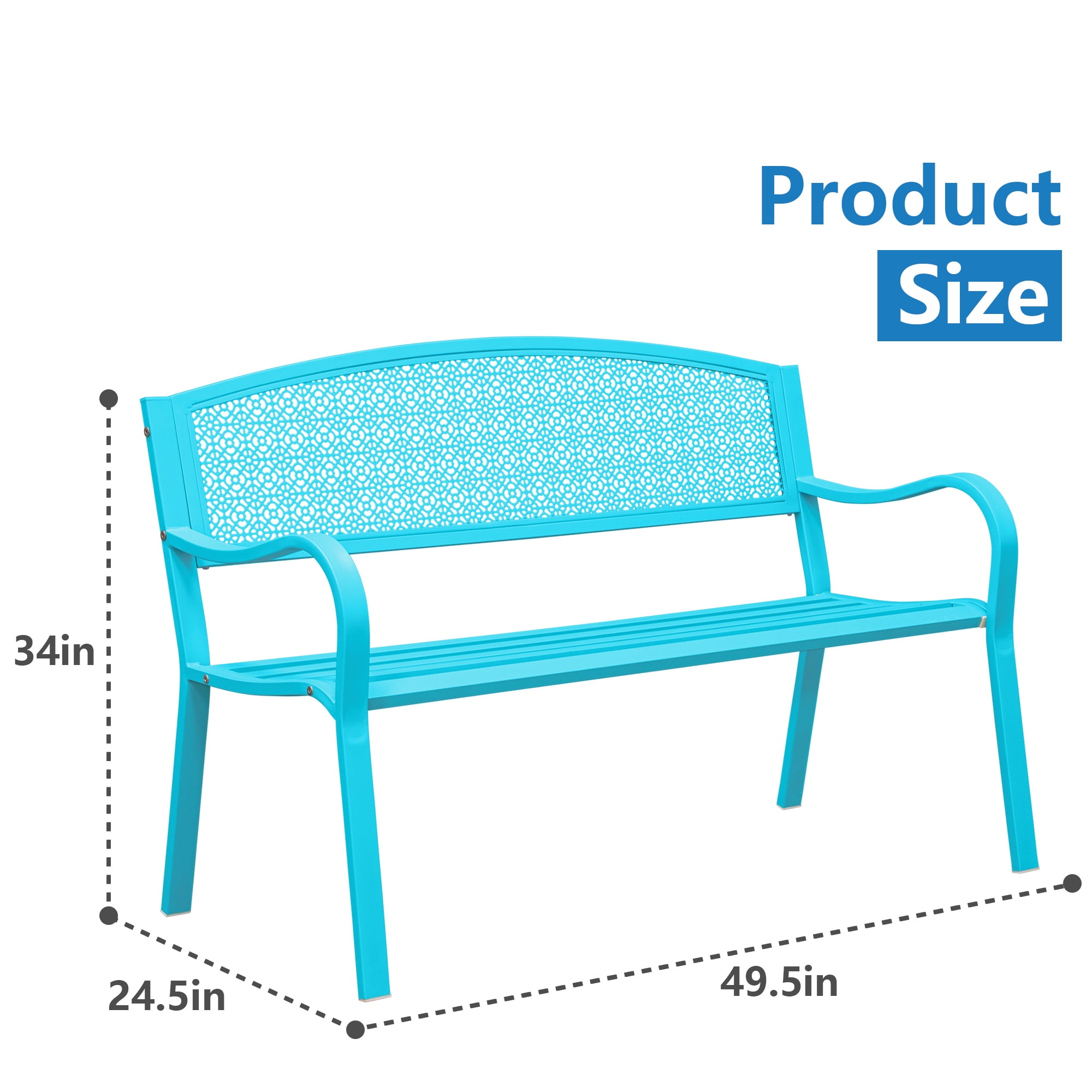 Kool 49in Outdoor Metal Garden Bench Steel Slat Patio Loveseat Park Bench for Porch Yard Lawn Patio Bench, Blue