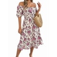 thumbnail image 4 of Women Summer Ruffle Off Shoulder Floral Midi Dress Summer Smocked Beach Flowy Long Dresses White M, 4 of 9