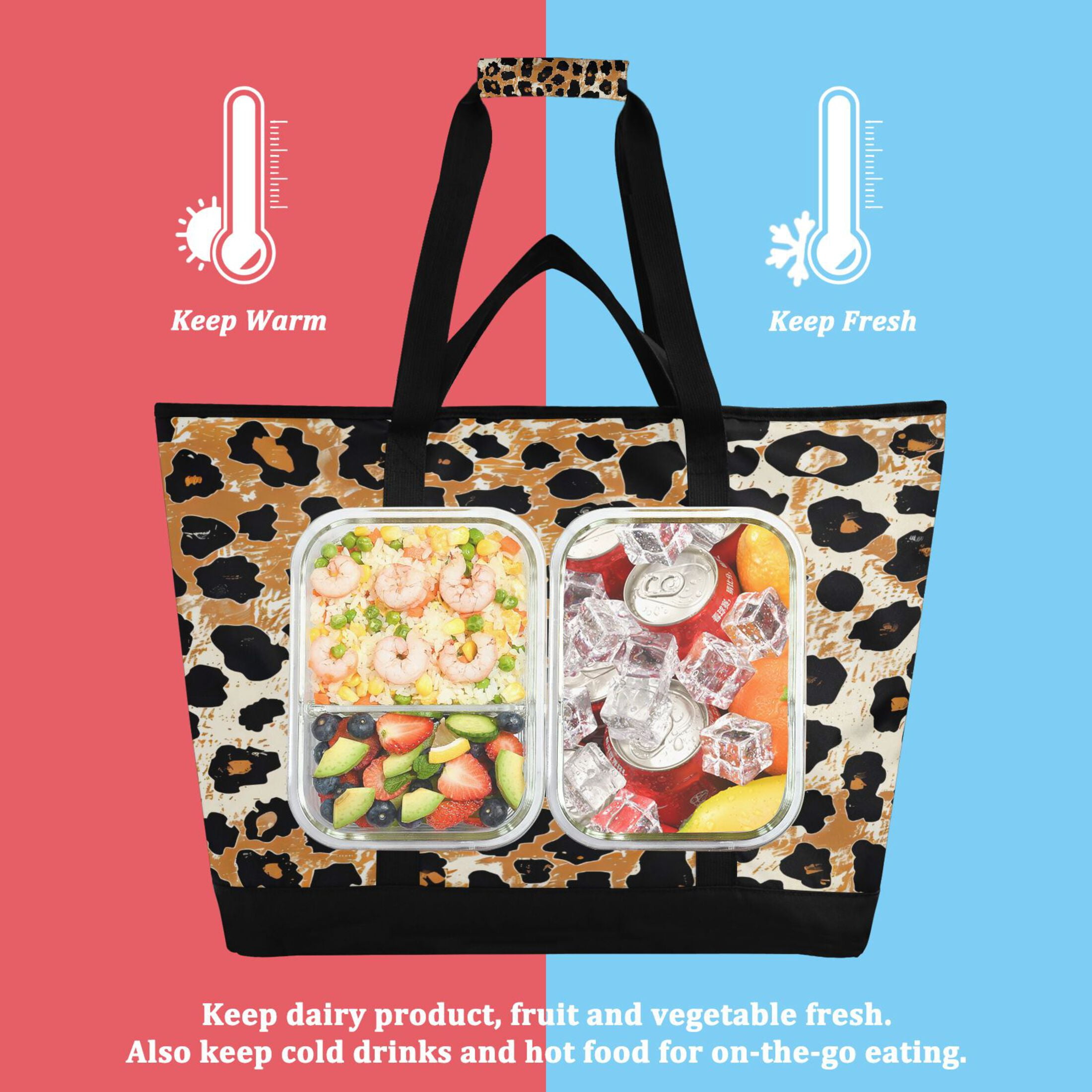 Large Hand-held Ice Pack Picnic Bag Insulation and Refrigeration Suitable for Shopping Picnics and Camping Leopard Print