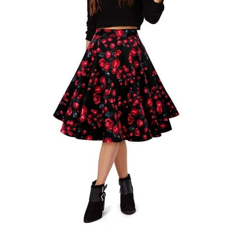 Vintage Women Casual Party Pleated Skirt Floral Print Solid Retro Skater Flared Swing A-Line Long Midi Mini Skirt Dress