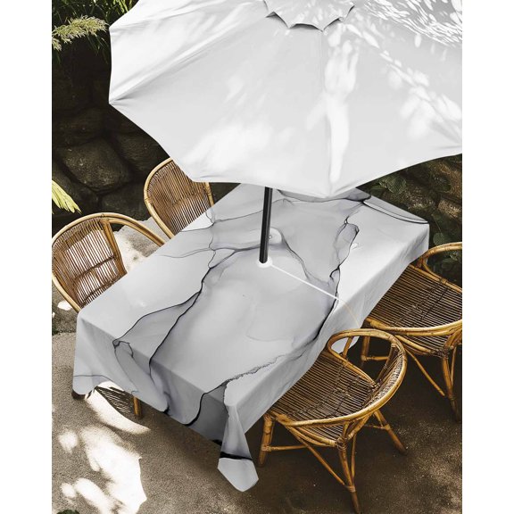 Outdoor Tablecloth with Umbrella Hole, Modern Natural Marble Gradient Art Zippered Table Cloth for Rectangle Tables, Abstract Stone Gray White Washable Waterproof Tablecloths for Picnic Patio Garden
