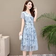 thumbnail image 4 of Summer Slim V-neck Floral Dress Elegant Short Sleeves Middle Long Printing Causal Dress, 4 of 6