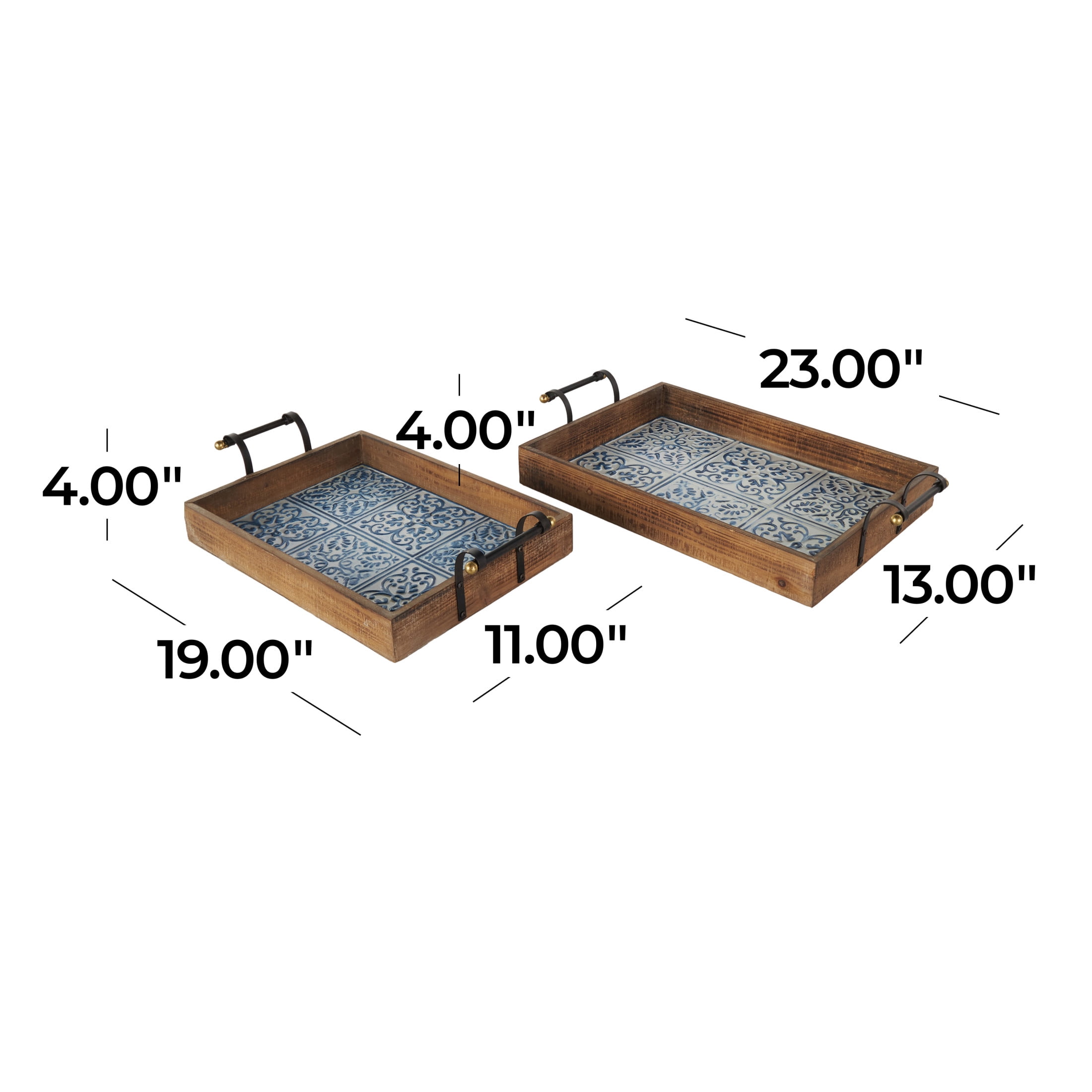 DecMode 23", 19"W Brown Wood Floral Tray with Tile Patterns, 2-Pieces
