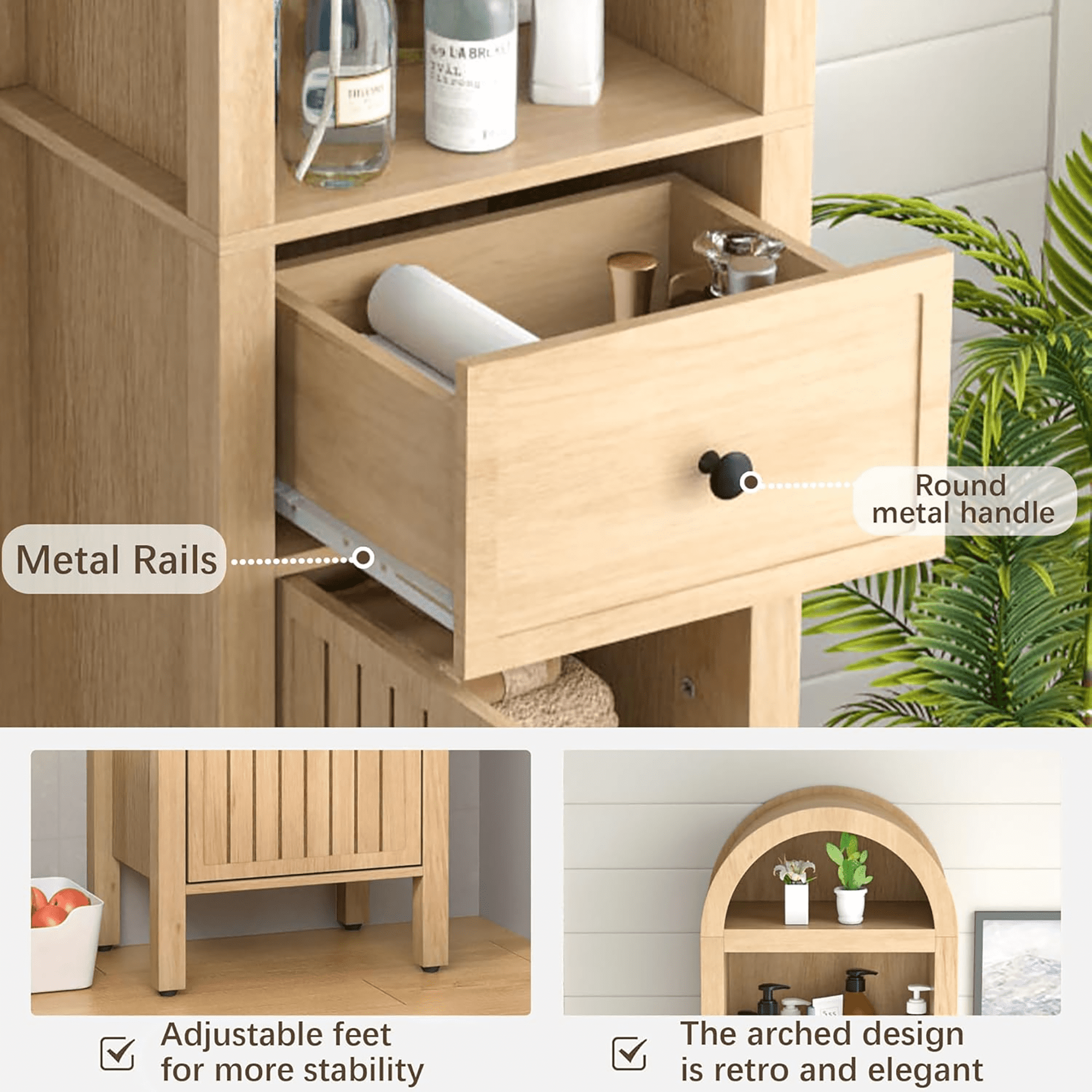 Oubayajia 64" Tall Bathroom Storage Cabinet, Narrow Tall Arched Linen Standing Tower Cabinet, Kitchen Cupboard with Adjustable Shelf and Drawer