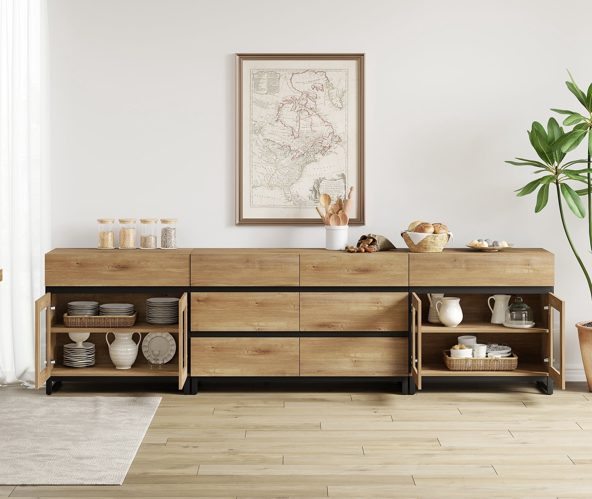 Modern Sideboard with Adjustable Shelves and 8 Drawers, 3 in 1 Storage Cabinet with Glass Doors, Coffee Bar Cabinet for Living Room, Kitchen, Oak