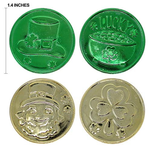 JOYIN 208 Día de San Patricio Lucky Leprechaun Monedas de plástico y 1 caldero verde grande con mango Saint Patricks Pot of Gold Party Supplies