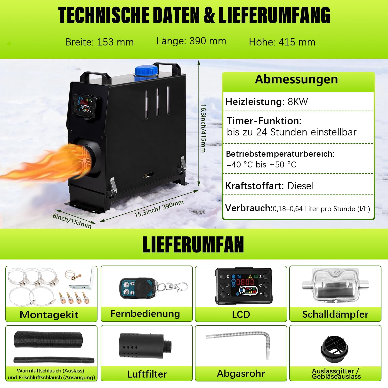 RJFKSN 12V 8KW All-in-One Diesel Heater, Portable Air Parking Heater with 5L Tank, LCD Display & Remote Control, Quiet Fast Heating with Silencer for RV, Truck, Boat, Camper, Trailer