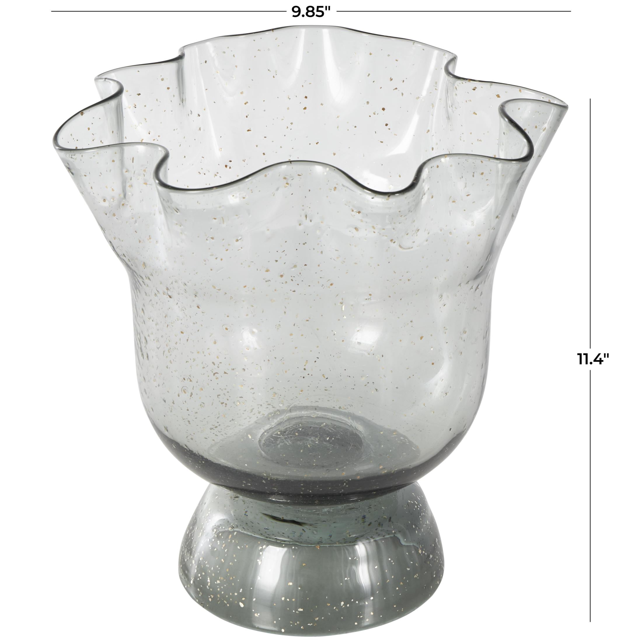 DecMode 11" Floral Tulip Inspired Wide Black Glass Vase with Wavy Opening and Gold Speckles