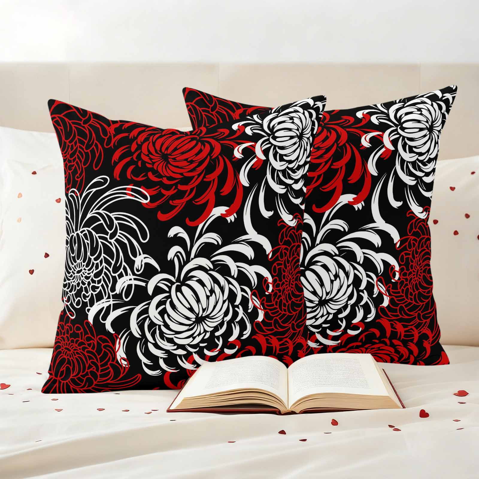 Red White Outdoor Waterproof Pillow Covers, Abstract Black Chrysanthemum Flower Floral Decorative Square Throw Pillowcase Sofa Cushion Sham for Patio/Couch/Chair, 16"x16" 2 Pack
