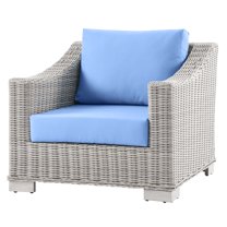 Side Chair Armchair, Rattan, Wicker, Light Grey Gray Light Blue, Modern Contemporary Urban Design, Outdoor Patio Balcony Cafe Bistro Garden Furniture Hotel Hospitality