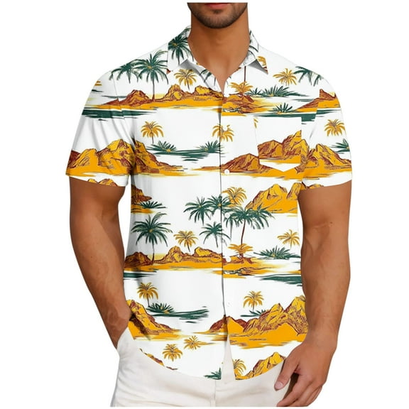DJDLJWCJ Mens Hawaiian Shirt Short Sleeve Relaxed Fit Summer Beach Vacation Button Up Shirt Summer Tee Gold S