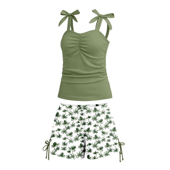 JFOPQVSM Girls Tankini Swimsuit 2 Piece Ruched Tie Straps Swimwear Drawstring Swim Shorts Girl Bathing Suit