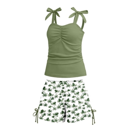YDFCWXW Girls Swimsuit Two Piece Ruched Ruffle Tankini Swimsuits for Girls Bathing Suit with Drawstring Shorts Swimwear 7-16Y (Green 7-8 Years)