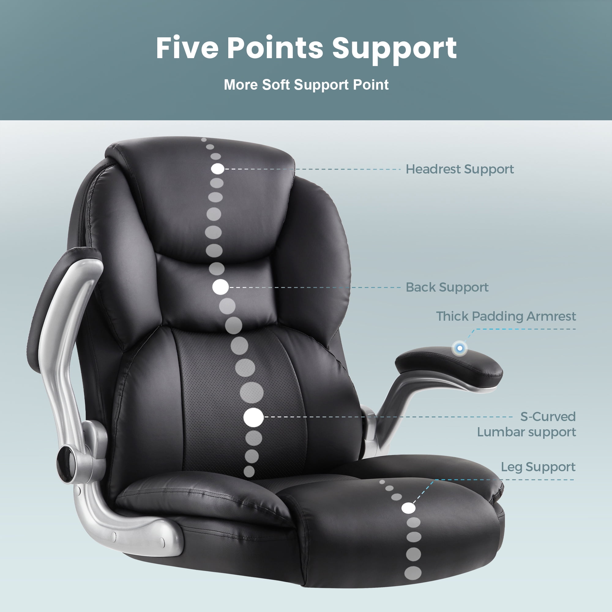 Black Executive Office Chair Big and Tall Computer Desk Chair with Adjustable Flip-up Armrests, High Back Leather Chair with Lumbar Support, Swivel Rolling Chair for Adults Working Study
