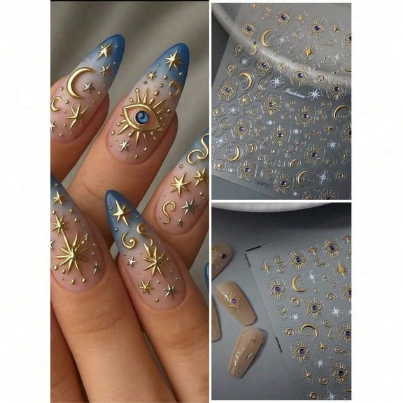 Golden Eye Four Star Nail Decals - 3D Embossed Jelly Nail Stickers for DIY Manicure
