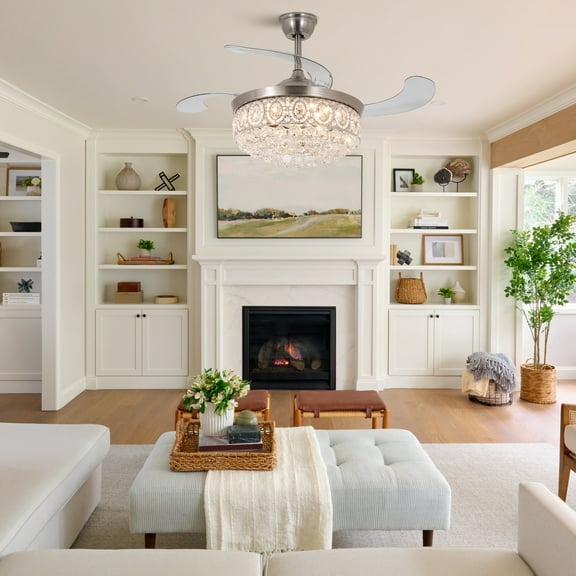 GMizon 42-inch gorgeous modern crystal ceiling fan light, three-tone invisible bedroom fan light, living room dining room chandelier ceiling fan (silver)