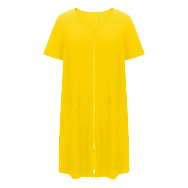 Peignoir à Fermeture Éclair pour Femme, Robe de Chambre à Manches Courtes Zippée Douce Courte avec Poches, Robe de Pyjama pour Dames Jaune TG