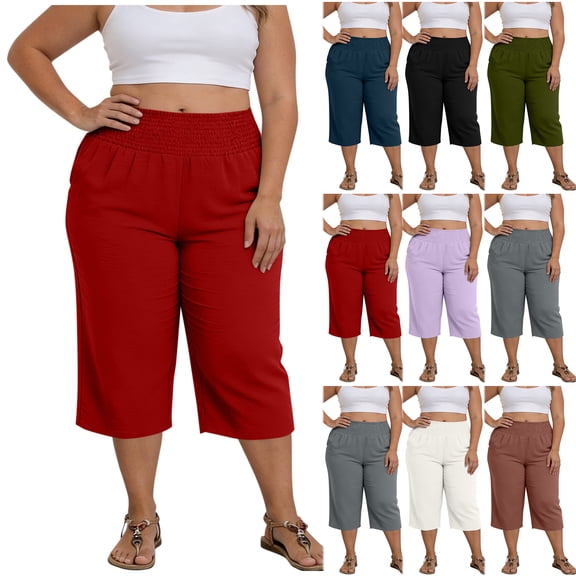 Bloomae Plus Size Flare Yoga Capri Pants for Women Loose Wide Leg Capris with Side Pockets Dressy Smoked Elastic High Waistband Tummy Control Workout Cropped Pants Purple XXXL