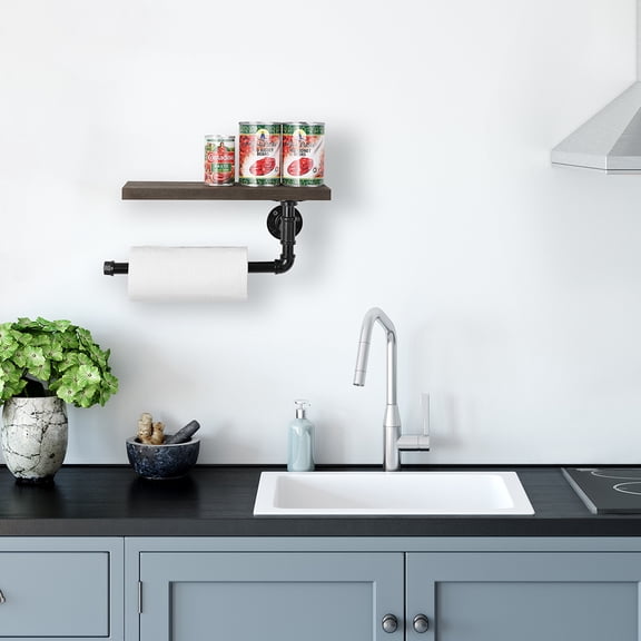 Industrial Pipe Paper Towel Holder with Wooden Shelf, Wall Mounted Towel Rack for Kitchen, Bathroom, Laundry Room